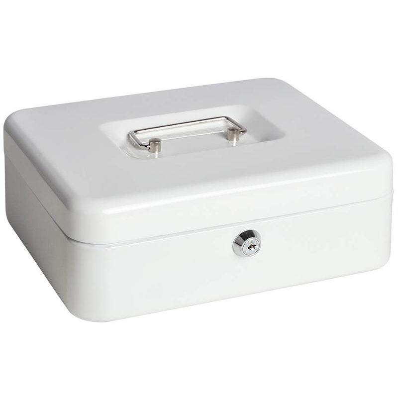 Jssmst Locking Large Metal Cash Box with Money Tray, Lock Box, White - Image 1